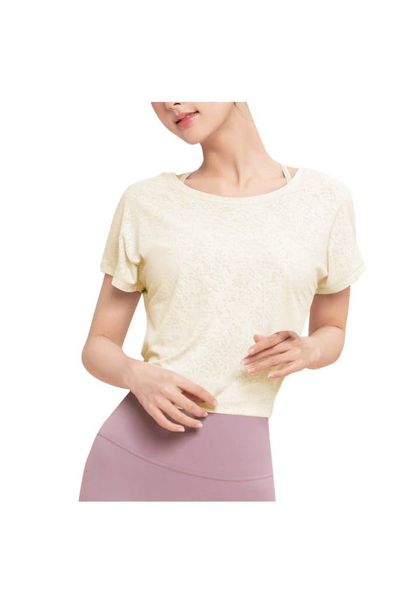 Yoga Tops for Women Short Sleeve Scoop Neck Tie Back Crop Tops Casual Loose Comfy Workout Shirts