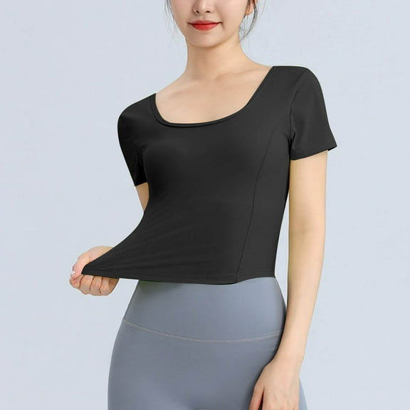 tarylea Yoga Tops for Women Short Sleeve Square Neck Slim Fitted Cross Back Buit-in Bra Crop Top Casual Comfy Workout T-Shirt Tops