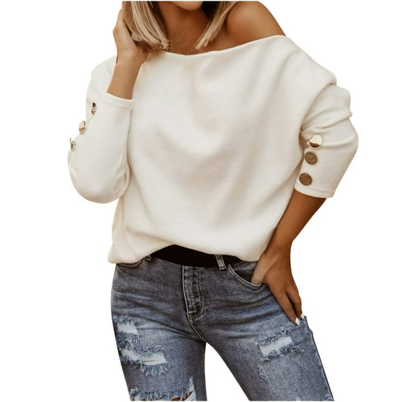 tarylea off the Shoulder Tops for Women Button Cuff Shirts Knitted Sweater Tops Long Sleeve Solid Color Blouse Casual Loose Fall Dressy Tops