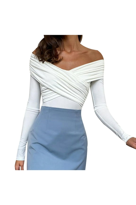 off the Shoulder Tops for Women Cross Front Tops V Neck Slim Fitted Crop Tops Solid Color Trendy Casual Going out Tops