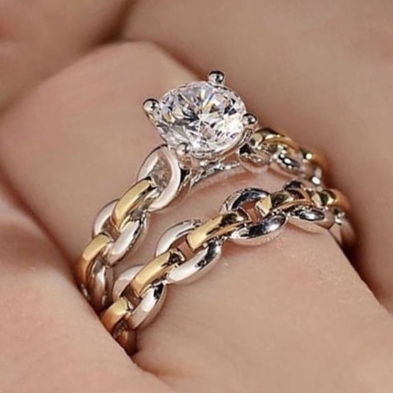 tasrioml 2Pcs/Set Chain Smooth Surface Wedding Bands Alloy Two-tone Rhinestone Women Rings Charm Jewelry
