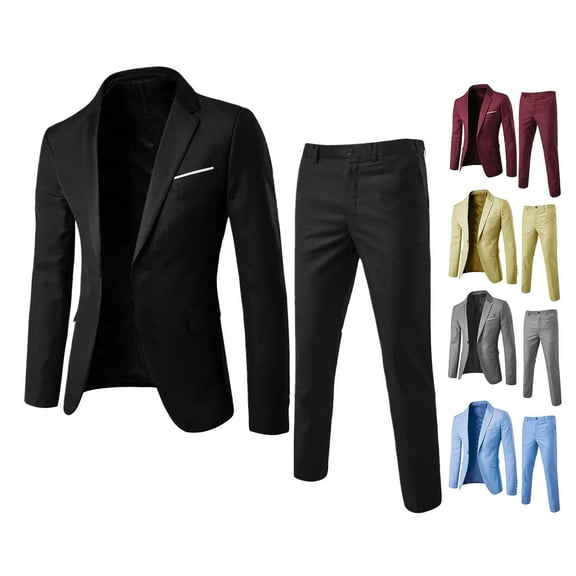tasrioml 2Pcs/Set Men Slim Fit Suit Set Lapel Long Sleeve Single Button Suit Coat Mid-rise Long Pants Set Solid Color Business Outfit
