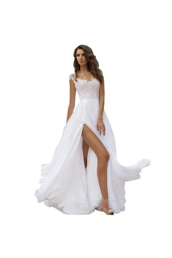 A-Line Boho Wedding Dresses for Bride Long Chiffon Slit Bridesmaid Dress Lace V-Neck Evening Gown for Prom Masquerade Beach