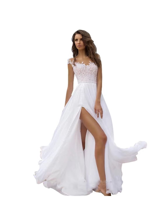 A-Line Boho Wedding Dresses for Bride Long Chiffon Slit Bridesmaid Dress Lace V-Neck Evening Gown for Prom Masquerade Beach