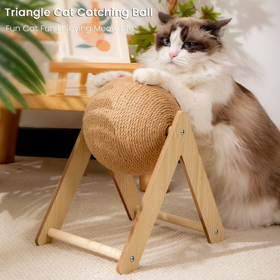 tasrioml Cat Scratching Ball Interactive Sisal Rope Cat Scratcher Ball with Wooden Stand Spinning Ball Kitten Exercise Toy for Indoor Cats