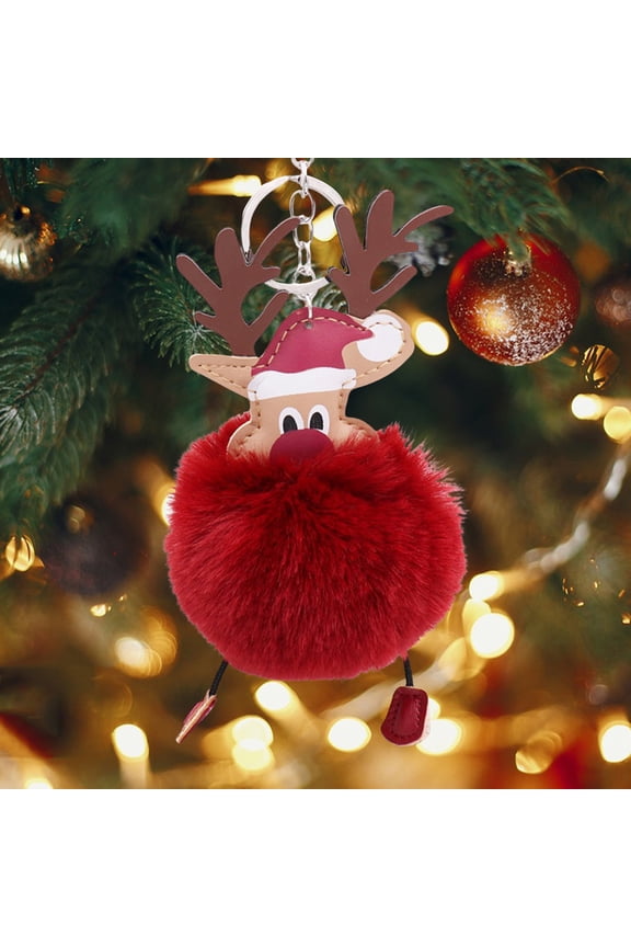 Christmas Deer Keychain Cute Reindeer Pom Pom Keyring Faux Fur Fluffy Plush Ball Charm for Handbag Backpack Purse Accessory