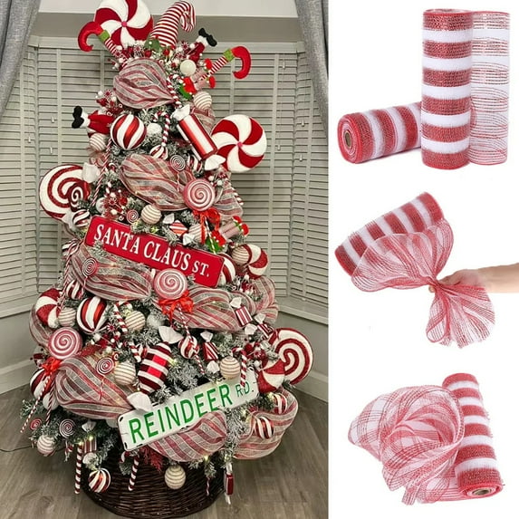 tasrioml Christmas Mesh Ribbon 10 Inch x 10 Yards Red/Red White Stripe Metallic Foil Mesh Ribbon Roll for Wreaths Swags Crafts Christmas Tree Holiday Home Decor