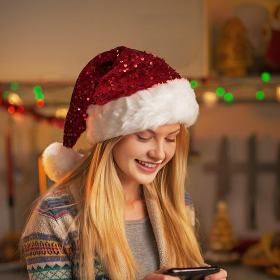 tasrioml Christmas Sequin Santa Hat for Adults Unisex Glittery Sparkly Holiday Hat with Fluffy Pompom for New Year Xmas Party Supplies