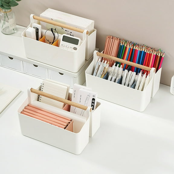 tasrioml Desktop Plastic Caddy with Wooden Handle Art Supply Organizer Bin with Adjustable Dividers Makeup Basket Storage Tote for Colored Pencils Brushes Cosmetics