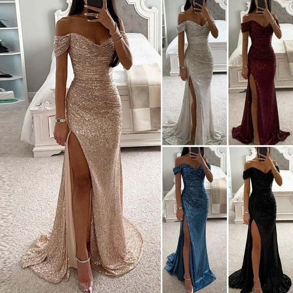 tasrioml Elegant V-Neck Off Shoulder Maxi Dress Sequin Pleated Short Sleeve Waist Tight Evening Party Prom Dress Slim Sexy Split Long Dress