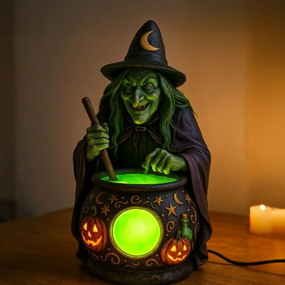 tasrioml Halloween Witch Cauldron Lamp with Eerie Green Glow LED Landscape Light Spooky Witch Brewing Pot Light for Living Room Bedroom Office