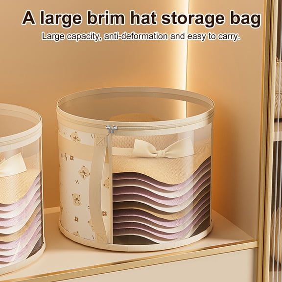 tasrioml Hat Storage Bucket Large Capacity Zipper Closure Transparent Foldable Round Brim Hat Storage Organizer with Reinforced Handle