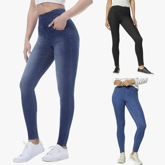 tasrioml High-Waist Denim Pants with Pockets Elastic Waistband Slim Fit Long Trousers Solid Color Women Skinny Jeans