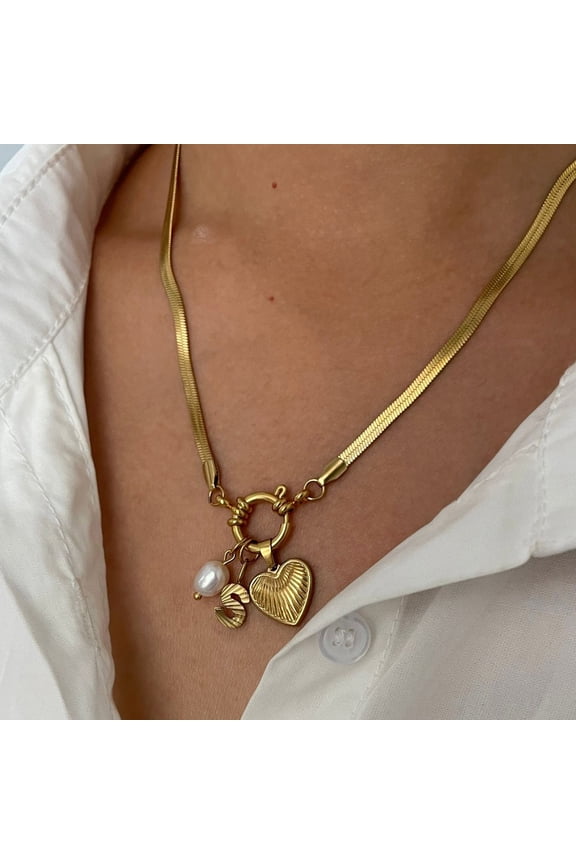 Initial Letter Necklace for Women Gold Plated Love Heart Faux Pearl Pendant Necklace Snake Chain Jewelry for Wife Girlfriend