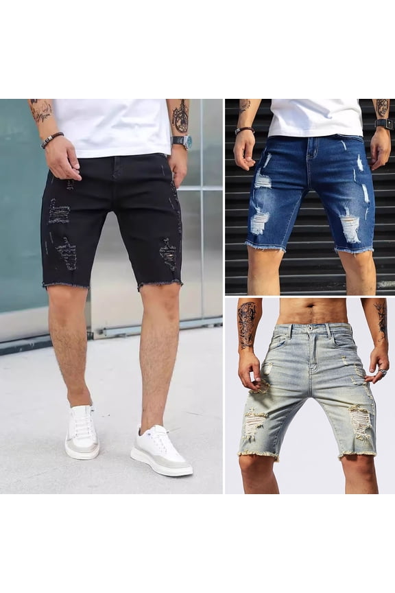 Men Denim Shorts Straight Tapered Legs Ripped Holes Design Knee-Length Shorts Versatile Style Short Jeans