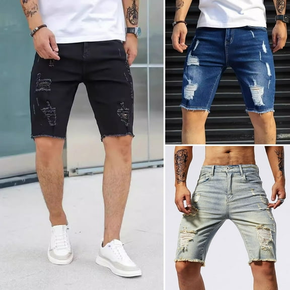 tasrioml Men Denim Shorts Straight Tapered Legs Ripped Holes Design Knee-Length Shorts Versatile Style Short Jeans