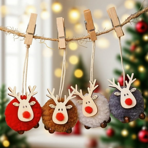 tasrioml Pom Pom Reindeer Christmas Ornament Plush Elk Hanging Ornaments Wooden Deer Slices Xmas Tree Pendants for Home Party Holiday Decor