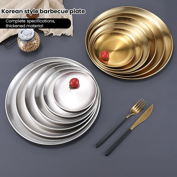 tasrioml Round Dinner Plate Serving Platter Stainless Steel Barbecue Tray Korean Style Serving Dish Fruit Dessert Steak Plate