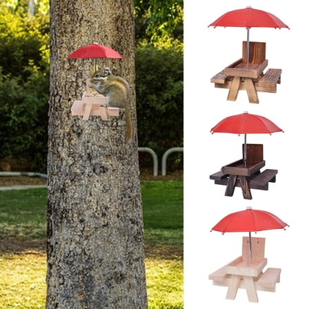 tasrioml Squirrel Feeder with Umbrella Large Capacity Chipmunk Picnic Table Feeder Rustic Outdoor Squirrel Feeder for Corn Cob Nuts