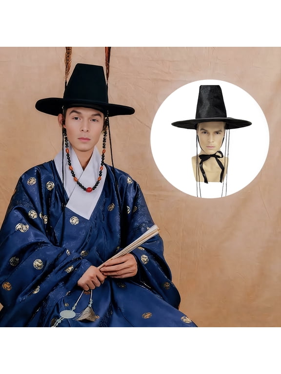 Stage Performance Hat Ming Dynasty Traditional Korean Flat Topper Hat Wide Brim UV Protection Black Halloween Cosplay Cap Men Costume Accessory