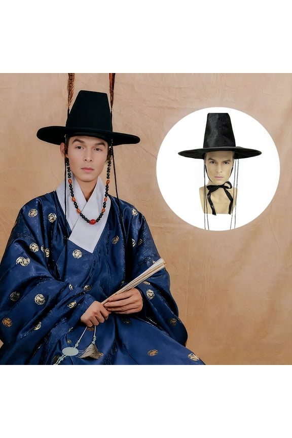 Stage Performance Hat Ming Dynasty Traditional Korean Flat Topper Hat Wide Brim UV Protection Black Halloween Cosplay Cap Men Costume Accessory