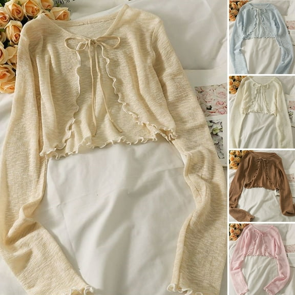 tasrioml Sun Knit Cardigan for Women Tie Front Long Sleeve Sheer Mesh Beach Cover Up Ruffle Hem Thin UV Protection Sun Shirts