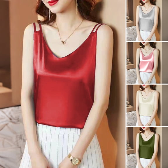tasrioml Women Bottoming Vest V-Neck Sling Sleeveless Smooth Satin Tops Imitation Silk Bottoming Vest Versatile Daily Wear