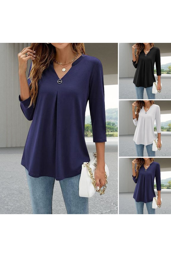 Women Tops V-Neck Button Decor 3/4 Sleeve Pullover Tops Solid Color Wrinkle Tee Shirt Casual Style Daily Wear