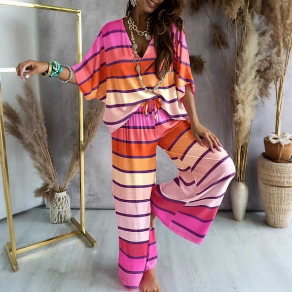 tasrioml Women's 2 Piece Outfit Set Batwing Sleeve V Neck Top Drawstring Wide Leg Pants Set Loose Casual Lounge Sweatsuit