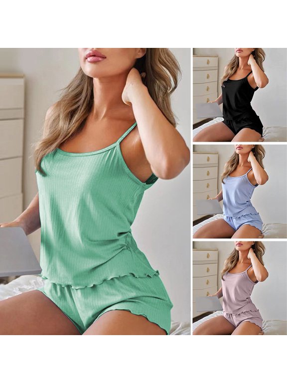 Women's Cami Pajama Sets Ribbed Sleeveless Tank Top And Elastic Waist Shorts Set Casual Camisole Lounge Sleepwear