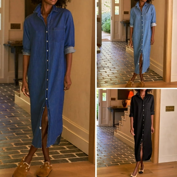 tasrioml Women's Casual Denim Shirt Dress Roll Up Long Sleeve Button Down Maxi Dress Lapel Long Shift Jean Dress