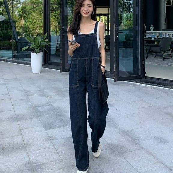 tasrioml Women's Denim Jumpsuits Sleeveless Square Neck Wide Leg Pant Rompers Summer Casual Overalls with Pockets