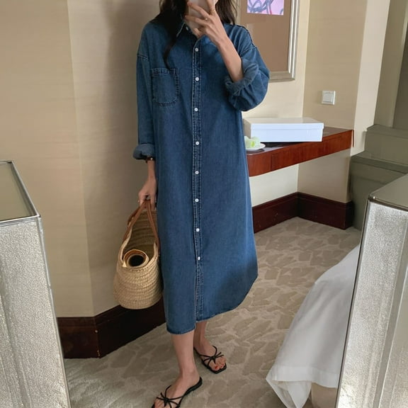 tasrioml Women's Denim Shirt Dress Roll Up Long Sleeve Button Down Maxi Dress Summer Casual Lapel Loose Shift Jean Dress with Pocket