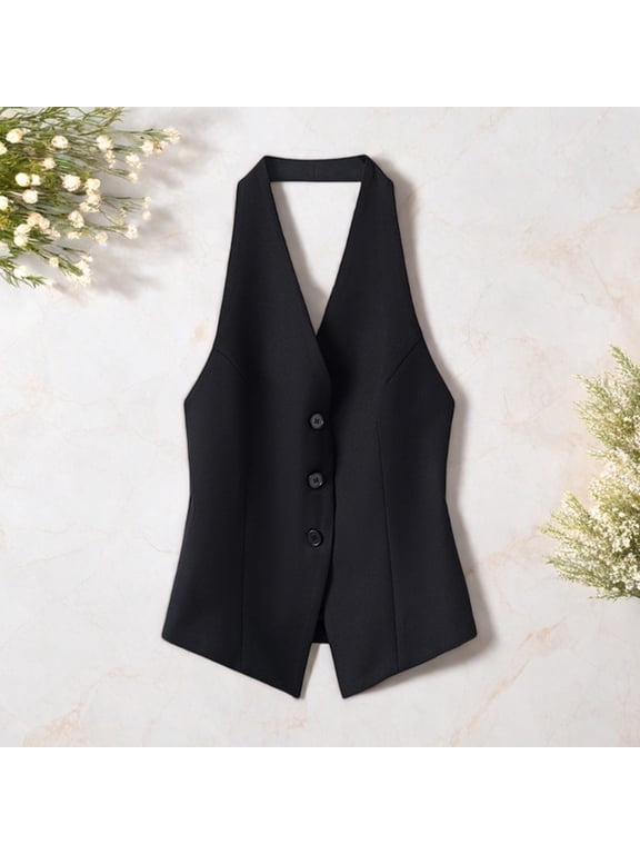 Women's Halter V Neck Suit Vest Button Down Backless Blazer Waistcoat Sleeveless Crop Tank Top Vintage Dressy Vest