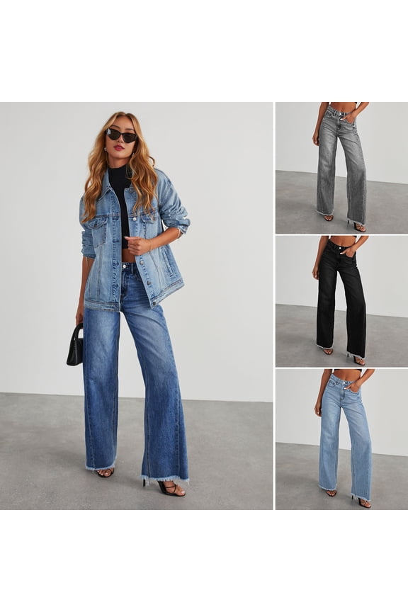 Women's Stretch Denim Pants High Waist Wide Leg Jeans Casual Straight Leg Frayed Hem Jean Trousers with Pockets