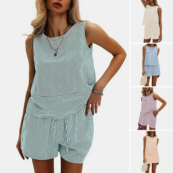 tasrioml Women's Summer 2 Piece Outfits Sleeveless Tank Top Shorts Sets Casual Striped Sweatsuits Vacation Beach Matching Set