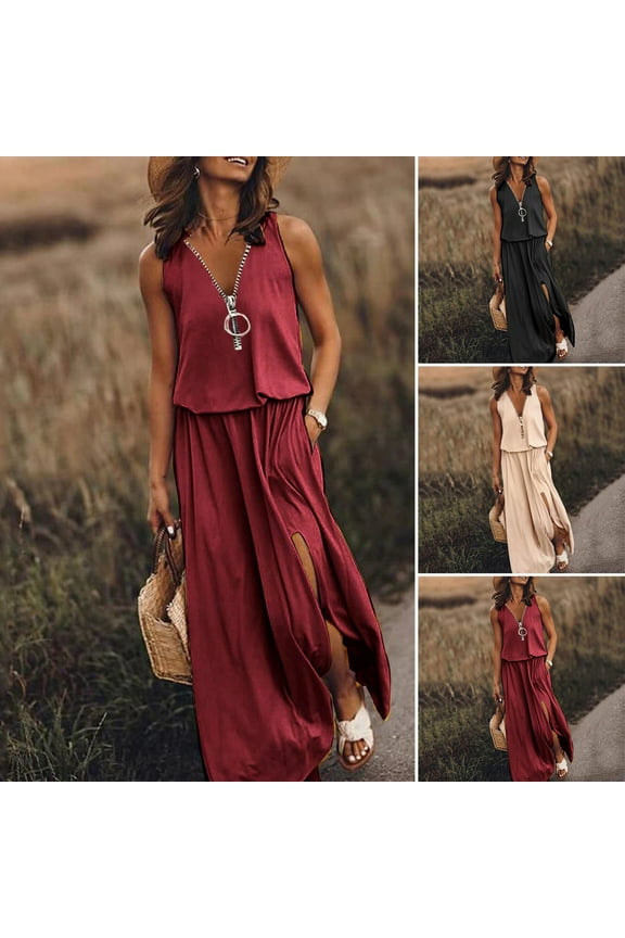 Women's Summer Sleeveless Long Dress Casual Zipper Up Front V Neck Maxi Dress with Pocket Pleated Split Midi Dress