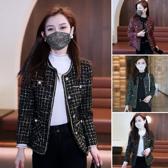 tasrioml Women's Tweed Jacket Long Sleeve Button Down Cropped Blazer with Pockets Lattice Double Breasted Coat for Autumn Winter