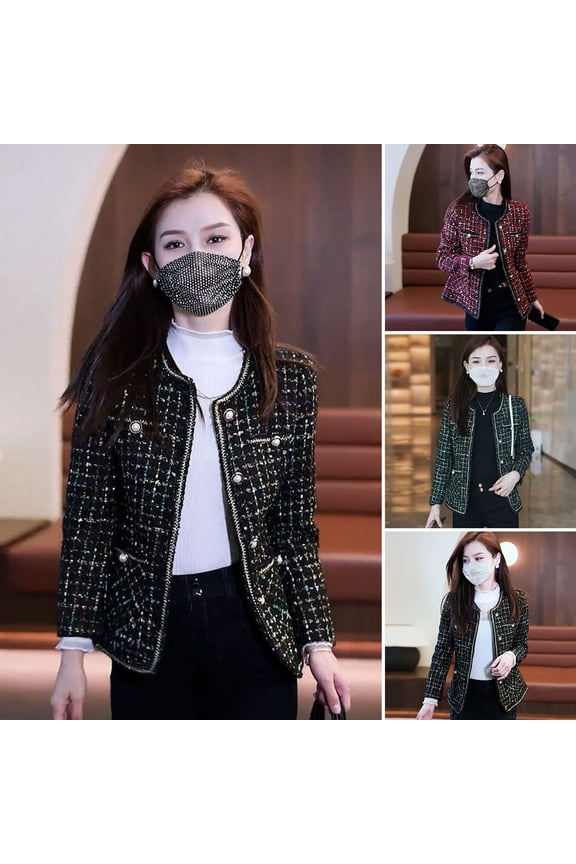 Women's Tweed Jacket Long Sleeve Button Down Cropped Blazer with Pockets Lattice Double Breasted Coat for Autumn Winter