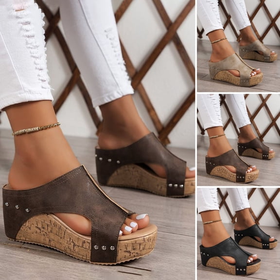tasrioml Women's Wedge Sandals Faux Leather Platform Slides Sandals Non-Slip Sole Slip-on Wedge Sandals for Summer Adventures Casual Outings