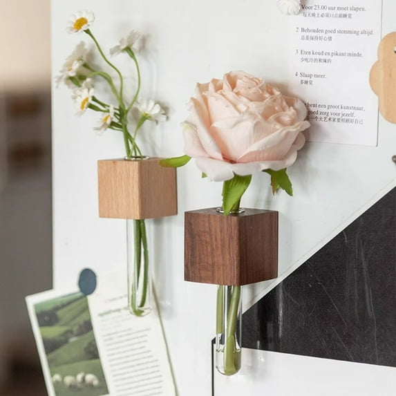 tasrioml Wooden Test Tube Vase Refrigerator Magnet Hydroponic Plants Propagation Vase Planter Home Office Kitchen Locker Fridge Decoration