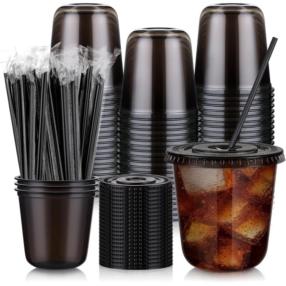tchrules 100 Set 16oz Plastic Cups with Lids and Straws, Disposable Black Clear Iced Coffee Cup with Lid, Round Bottom Plastic To Go Cups for Cold Drinks Slushie Smoothie Soda Bar Party Shop Supplies
