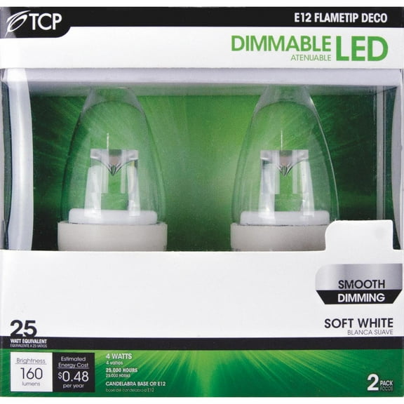 tcp 40 watt equivalent 2-pack, led clear flame tip deco light bulbs, energy star certified, dimmable, soft white rldf5w27k2