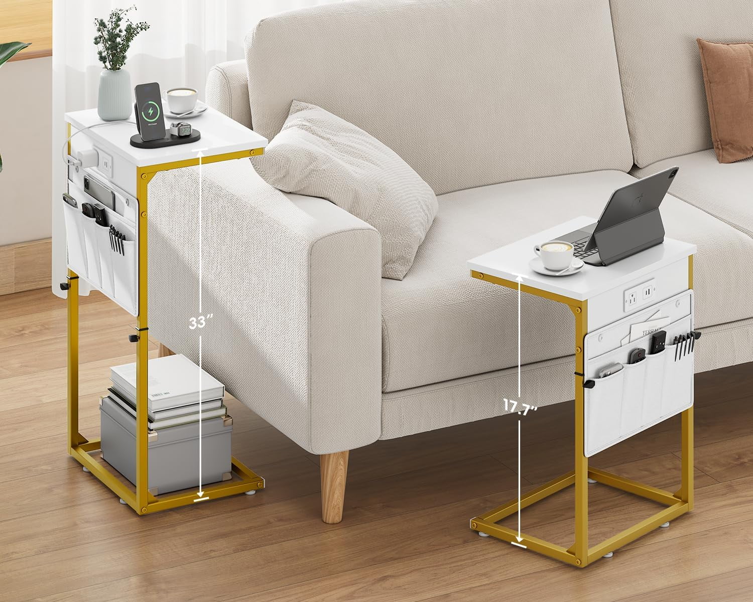 tdgbsgd C Shaped End Table with Charging Station 33" Tall Side Table ...