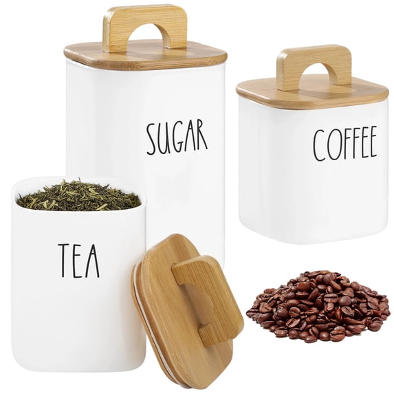 Coffee Sugar Tea Container Set of 3, Glass Storage Jars with Wooden Lids, Airtight Kitchen Countertop Canisters, Modern High Borosilicate Glass Jars