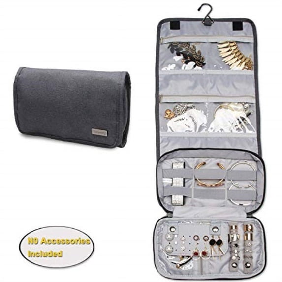 teamoy hanging jewelry organizer, jewelry roll travel bag with multiple compartments and hooks for rings, necklaces, earrings, bracelets and more-no accessories included, gray