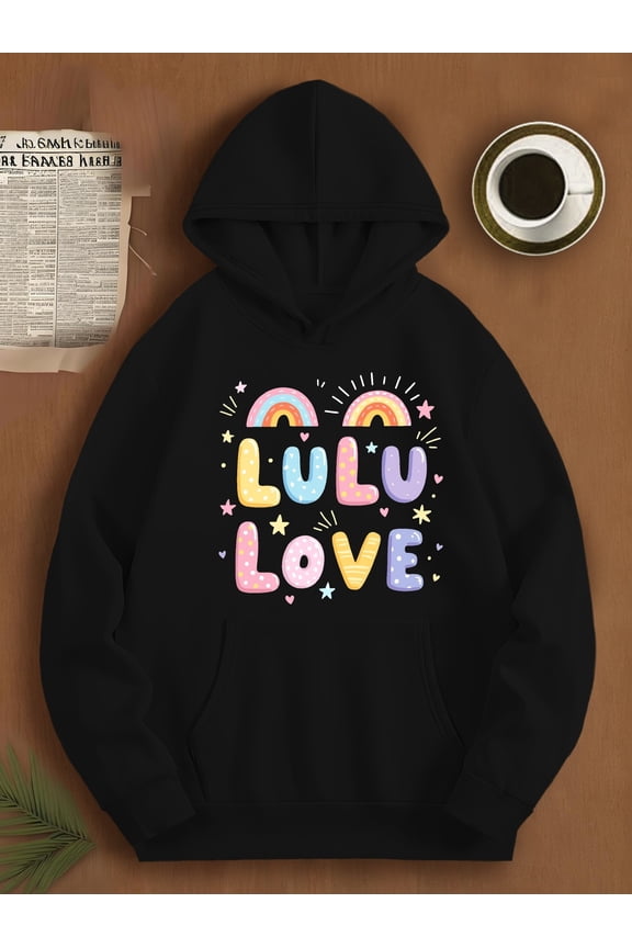 teediy Women's LULU LOVE Colorful Letter Hoodie - Geometric Rainbow and Star Pattern, Front Pocket Fleece Pullover, Machine Washable Casual Autumn Winter Sweatshirt