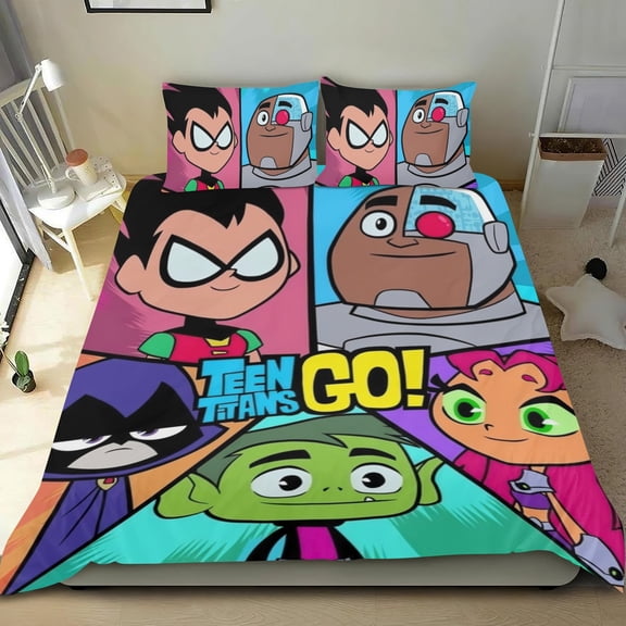 teen titans go Themed Bed Sheet Set Three Piece Set 53x79 In ches Comfortable And Skin Friendly Unique Design Creating A Star Studded Night Home Decor Gifts For Family Friends fans