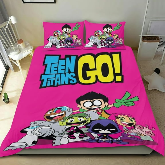 teen titans go Themed Bed Sheet Set Three Piece Set 53x79 In ches Comfortable And Skin Friendly Unique Design Creating A Star Studded Night Home Decor Gifts For Family Friends fans