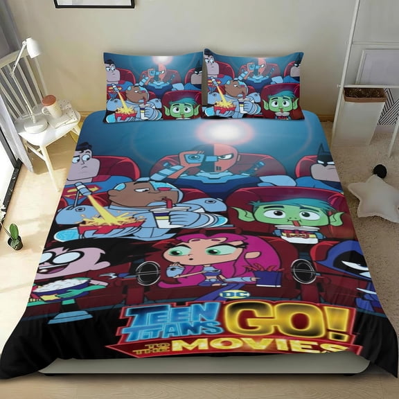 teen titans go Themed Bed Sheet Set Three Piece Set 53x79 In ches Comfortable And Skin Friendly Unique Design Creating A Star Studded Night Home Decor Gifts For Family Friends fans
